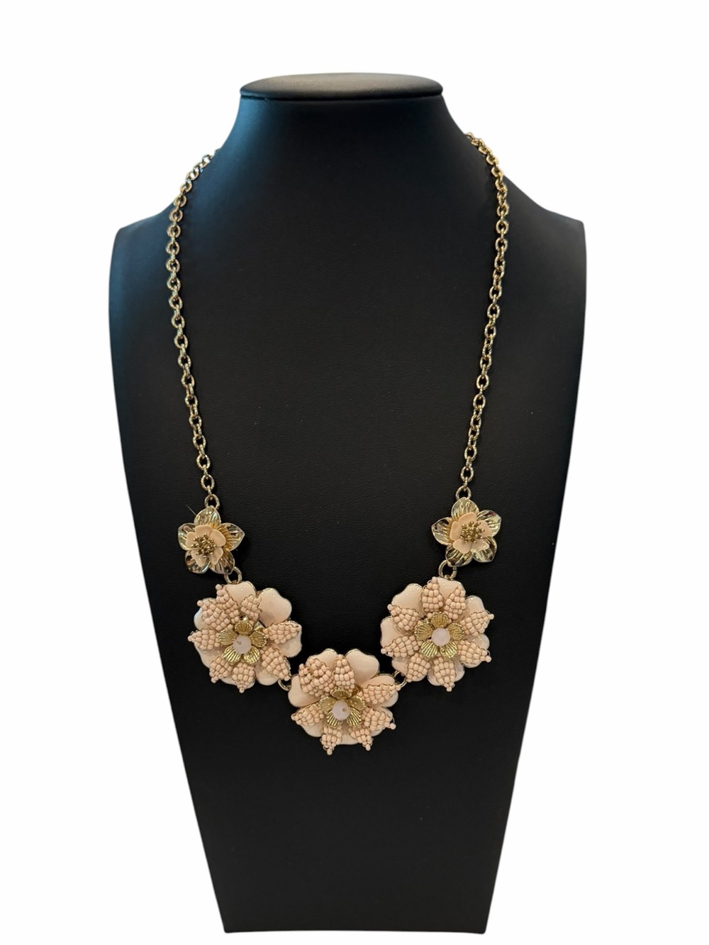 Talbots Statement Necklace Pink Enamel Flowers Seed Beads Beaded Gold 17-21” Adj